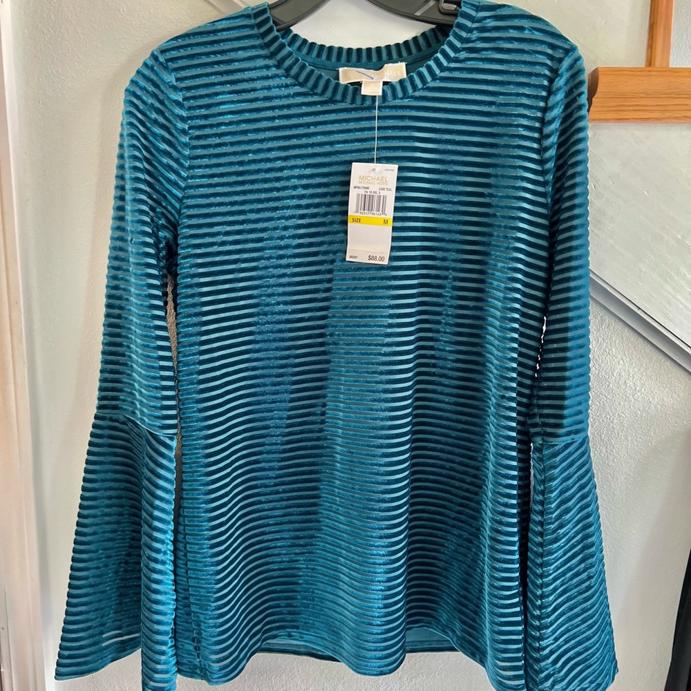 Michael Kors bell sheer long sleeve blouse nwt Teal color sheer